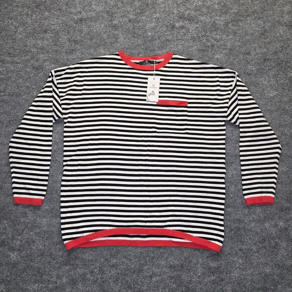 Lillusory Sweater Womens Large Black White Stripe Red Trim Crewneck Pocket Knit